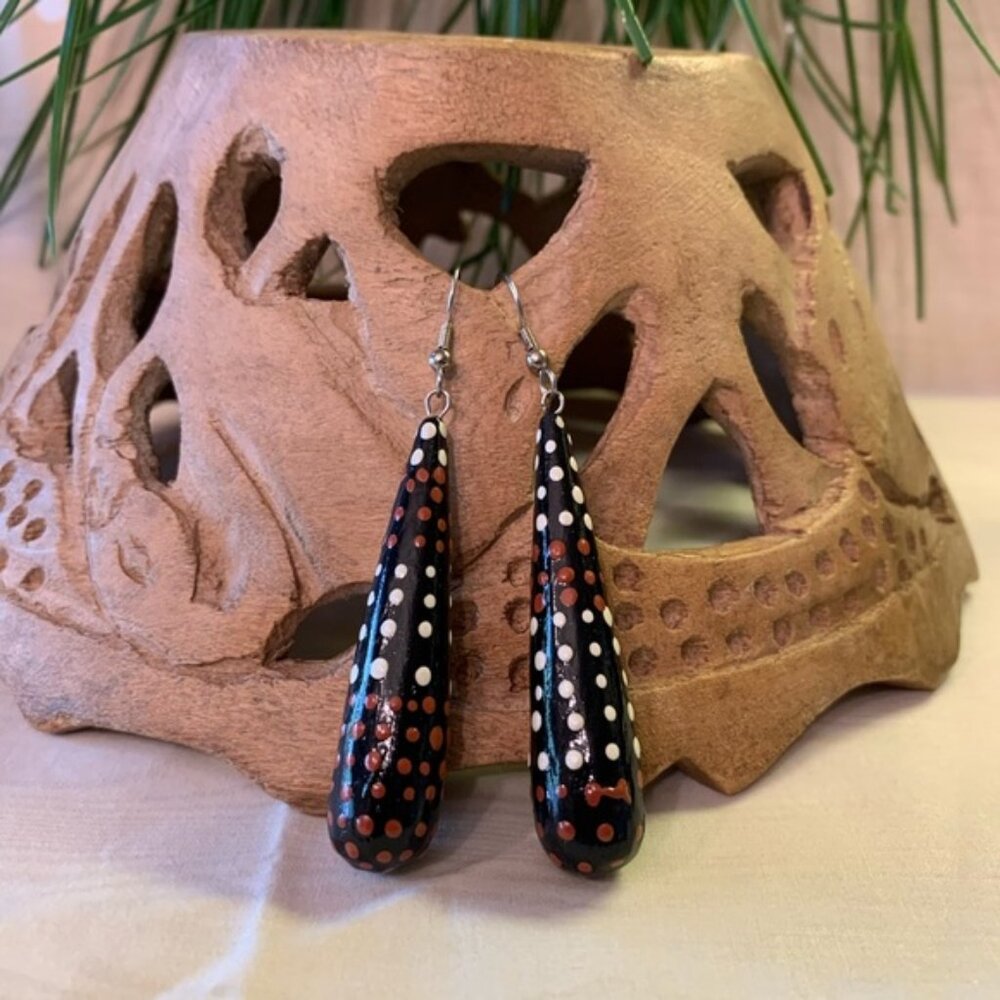 Hand Painted Tribal Design Earrings Polka Dot Dangle Glossy